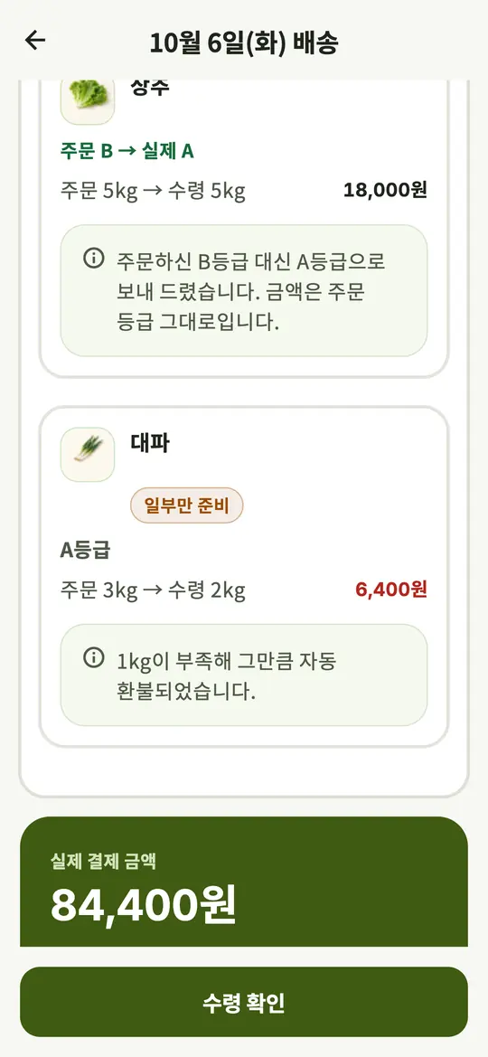 식당 앱 배송 상세 품목별 금액 화면